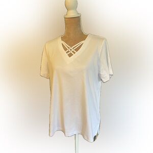 Alfred Dunner White V-Neck Tee with Crisscross Detail